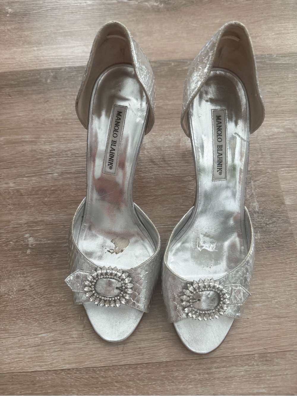 Manolo Blahnik Silver Crystal-Embellished Open-Toe Pumps